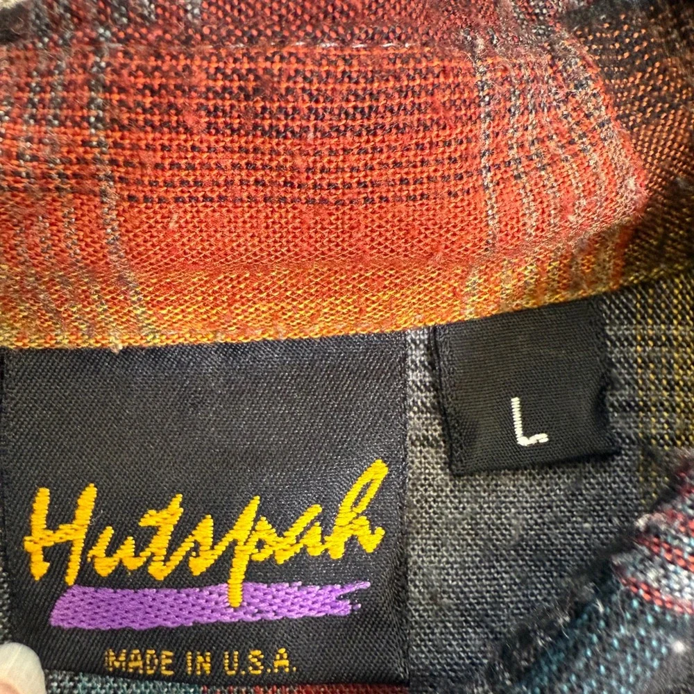 Hutspah Plaid Shirt Short Sleeve Button Up Made in‎ USA Colorful Mens L Gorp 90s